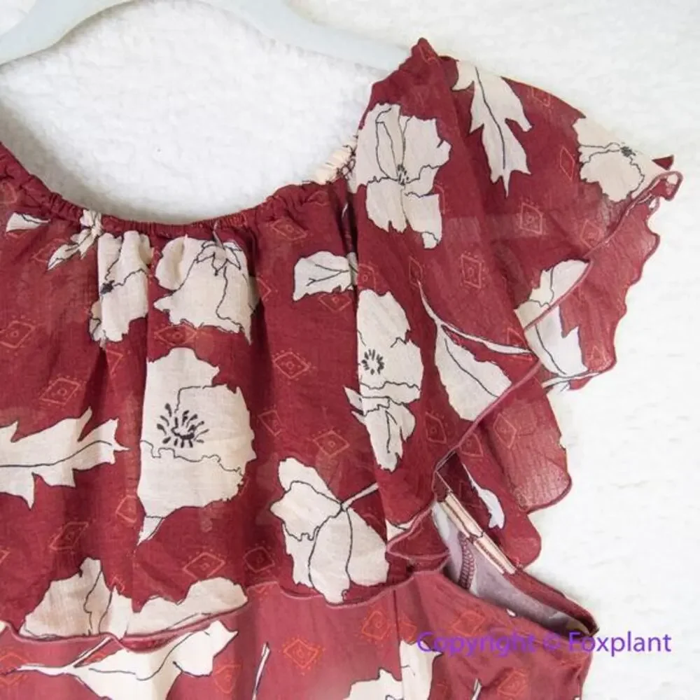 New! Free People AUSTYN brick red floral flaired‎ pant ruffle jumpsuit, size M